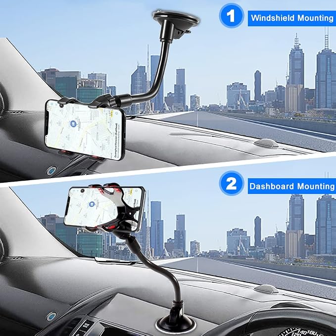 Phone Holders for Your Car: Windshield Phone Mount with Long Arm, 360° Rotation Strong Suction Cell Phone Car Mount, Anti-Shake Stabilizer for iPhone, Samsung, All Smartphones