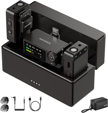 NEEWER CM36 Pro Wireless Microphone, AI Noise Cancellation, 48KHz/32bit Float, 8GB Storage, 85dB SNR, 54H Battery with Charging Case, 328ft Range, Lav Mic for iPhone Android Vlog Camera PC