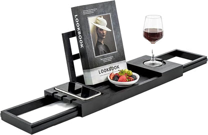 Utoplike Bamboo Bathtub Tray Black, Adjustable Bath Caddy Table for Tub, Bathroom Organizer with Book Tablet Wine Glass Cup Towel Holder