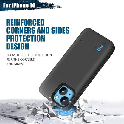 Battery Case for iPhone 14, 5000mAh Rechargeable Extended Battery Charging/Charger Case, Add 100% Extra Juice (6.1 Inches) Black