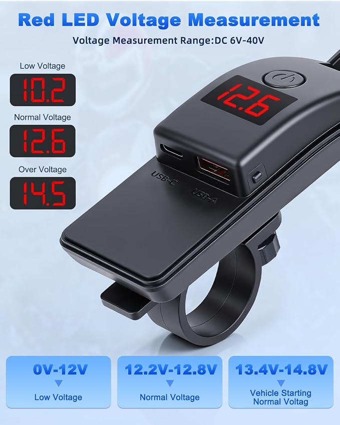 EXTRACTME Motorcycle Phone Charger, 36W Dual USB Type C PD 3.0 & QC 3.0 Motorcycle USB Charger with Voltmeter & ON/Off Switch, Waterproof Fast Charging SAE to USB Adapter for Phone, Tablet, GPS, etc
