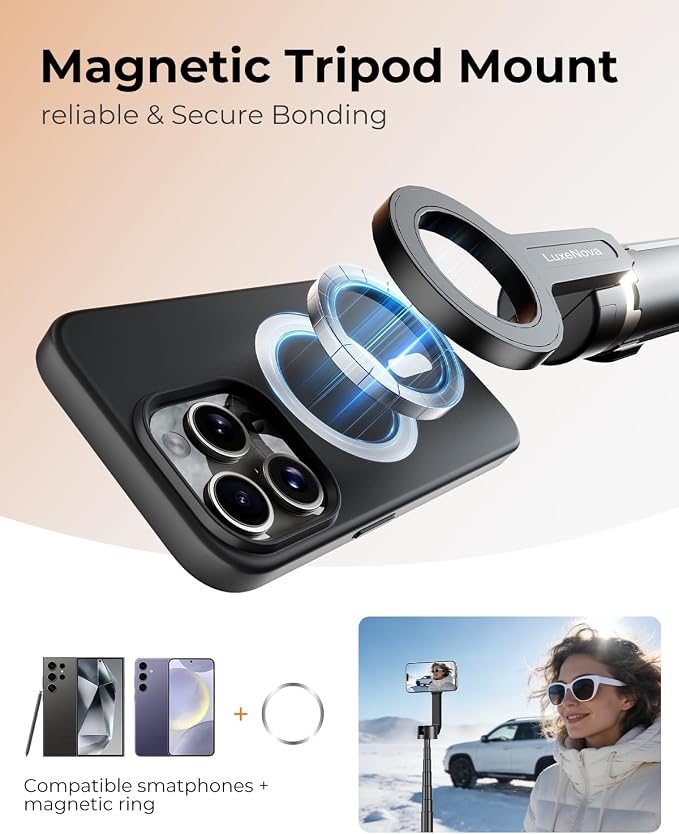Magnetic Selfie Stick Tripod 72 Inch for iPhone MagSafe, Extendable Phone Tripod Stand with Bluetooth Remote, 360° Rotation Aluminum Selfie Stick for Travel, Vlog, TikTok