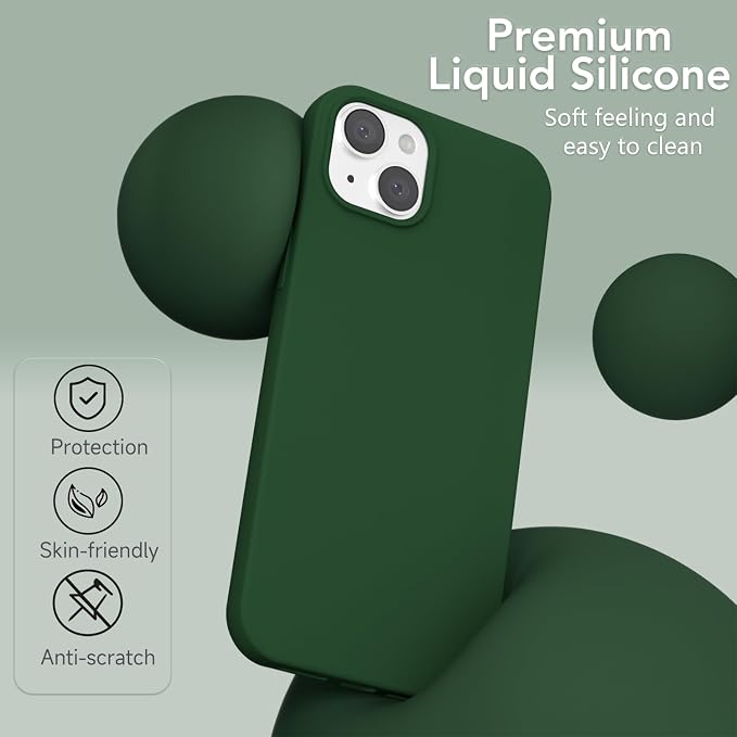 for iPhone 15 Case Silicone Compatible with Magsafe Case, Ultra Slim Thin Magnetic Phone Cases Mag Safe, Cute Soft Rubber Gel TPU Matte Plain Wireless Charging Cover for Women, Dark Green