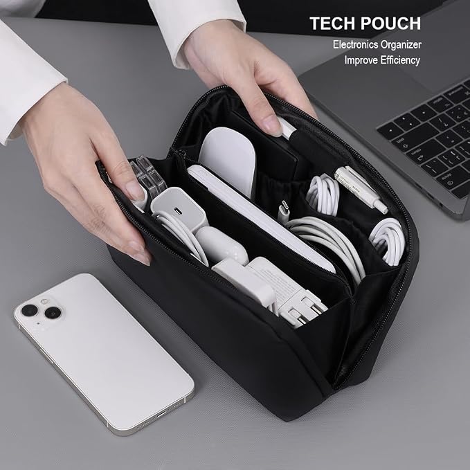 Tech Pouch,Travel Cord Rrganizer Case,Waterproofing Data Cable Storage Bag，9inches*5inches,For Charger, Cables, USB Drive,Phone,Power Bank,Memory Card(Black)