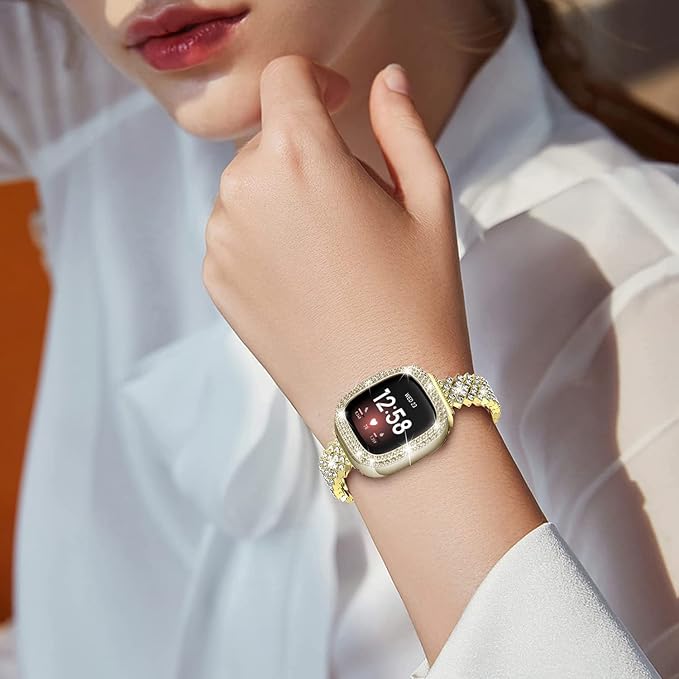 Bling Watch Band Compatible with Fitbit Versa 3/ Fitbit Sense for Women, Adjustable Crystal Alloy Strap Rhinestone Stainless Steel Metal Wristband for Fitbit Sense/Versa 3 (Gold, Versa 3/Sense)