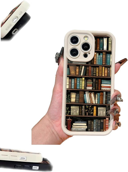 Bookshelf Phone Case, Book Phone Case, Non Slip TPU Soft for Men Women, Vintage Portable for Iphone16/15/14/13pro Max (White,iPhone 14ProMax)