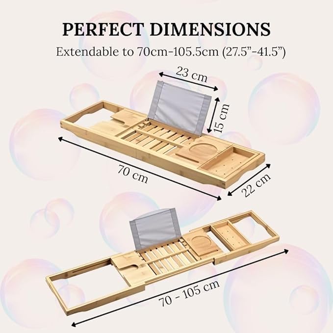Creative Factory Luxury Bathtub Caddy Tray, Four Storage Rooms on the Board with Grey Fabric for Electronic Tablet Holder or a Book, Soap or Phone, Glass of Wine Slot (Natural Bamboo Wood Color)