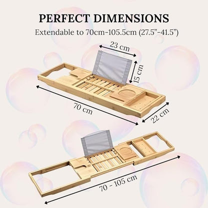 Creative Factory Luxury Bathtub Caddy Tray, Four Storage Rooms on the Board with Grey Fabric for Electronic Tablet Holder or a Book, Soap or Phone, Glass of Wine Slot (Natural Bamboo Wood Color)