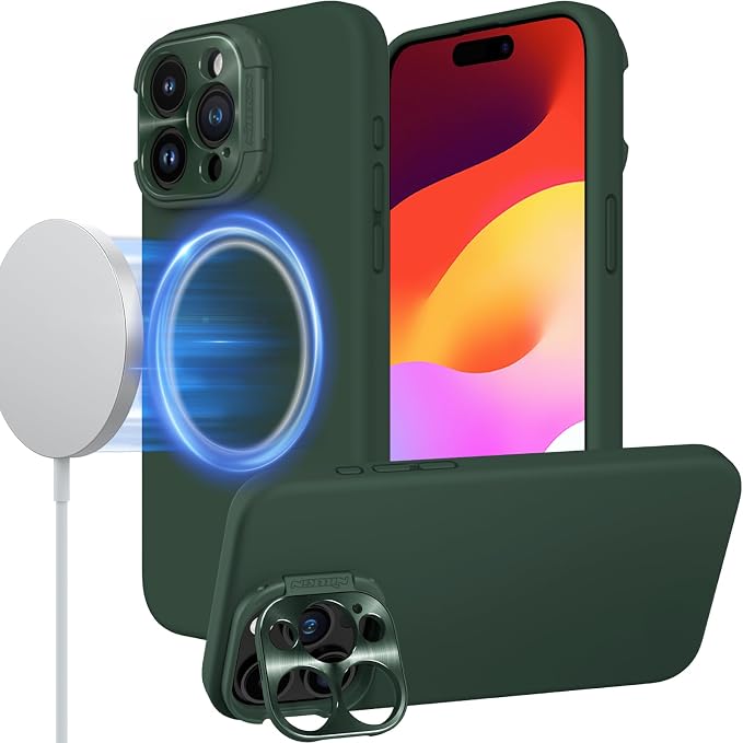 Nillkin for iPhone 15 Pro Max Case Silicone[Compatible with MagSafe][Innovation Metal Camera Invisible Stand] Military Grade Protection Shockproof Phone Case for iPhone 15 Pro Max 6.7'' Green