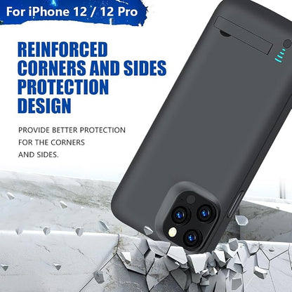 New Battery Case for iPhone 12 / iPhone 12 Pro, 5000mAh Rechargeable Extended Battery Charging Charger Case, Add 100% Extra Juice (6.1 Inches) Black