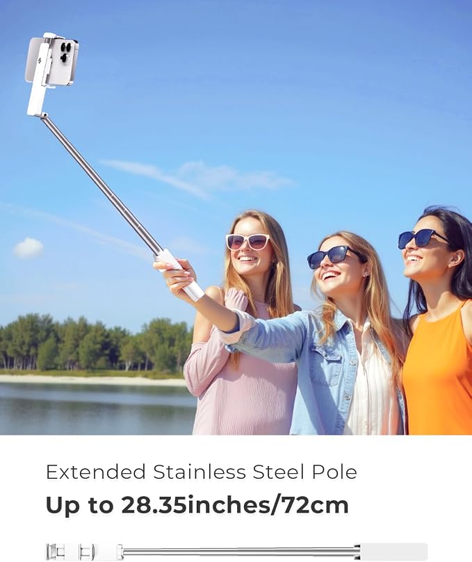 Selfie Stick for iPhone, Extended Portable Selfie Stick, Wireless Remote, Adujustable, Compact Phone Holder for Photograph, Video Recording, Streaming (White)