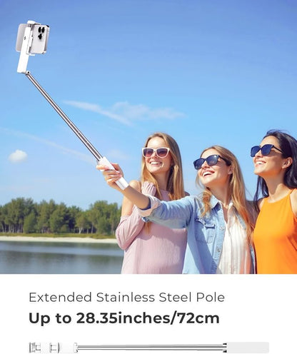Selfie Stick for iPhone, Extended Portable Selfie Stick, Wireless Remote, Adujustable, Compact Phone Holder for Photograph, Video Recording, Streaming (White)
