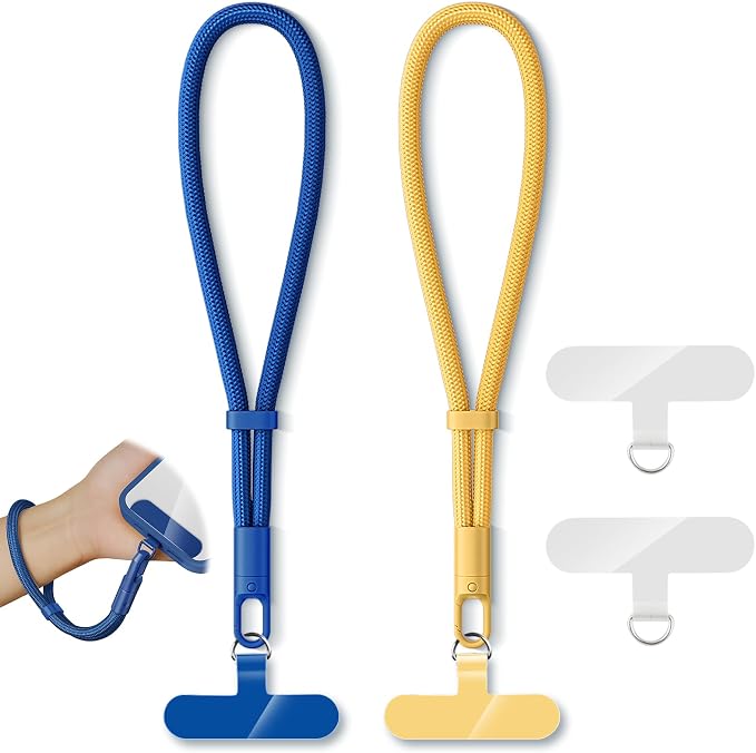 KITANIS 2 Pack Phone Lanyard,2×Phone Wrist Strap,4×Tether Tabs,Universal Cell Phone Multifuctional Patch Polyester Lanyards,Cell Phone Hand Strap for Women and Men(blue+yellow)