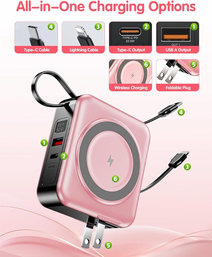 10000mAh for Magsafe Portable Charger Built-in Cables & AC Wall Plug,Pink | 6-in-1,PD 22.5W USB C Fast Charging,15W Magnetic Wireless Charging,Charge 5 devices at once,LED Display Travel Power Bank