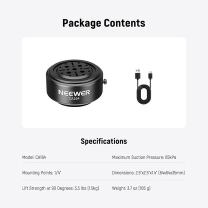NEEWER Electric Suction Cup Mount with 1/4" Screw Holes for Phone Holder/Action Camera Adapter Compatible with iPhone GoPro DJI Insta360, Quick Release for POV Car Windshield Video Recording, CA164