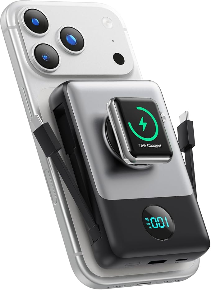 6 in 1 Magnetic Portable Charger for iPhone with Built-in Cables, 10800mAh 25W PD Fast Charging Power Bank, 6 Outputs Travel Essential Battery Pack for iPhone 17/16/15/14/13/12 Series,Apple Watch