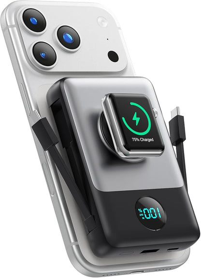 6 in 1 Magnetic Portable Charger for iPhone with Built-in Cables, 10800mAh 25W PD Fast Charging Power Bank, 6 Outputs Travel Essential Battery Pack for iPhone 17/16/15/14/13/12 Series,Apple Watch