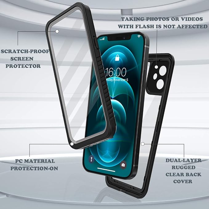 Diverbox for iPhone 12 Waterproof Case,Waterproof Shockproof Dustproof IP68 Full-Body Hard Case Built-in Screen Protector Underwater Outdoor Waterproof Cover for iPhone 12,6.1 in (Clear)