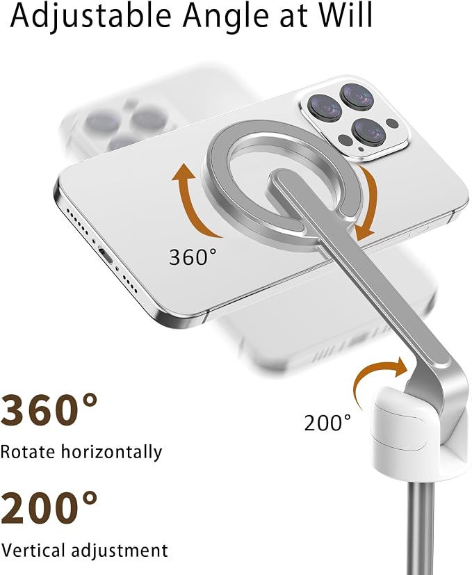 TONEOF 68" Magnetic Selfie Stick Tripod with Aluminum Strong Magnetic Holder for Magsafe, 360° Rotatable Travel Phone Tripod Stand with Metal Ring & Rechargeable Remote for iPhone/Android（White）