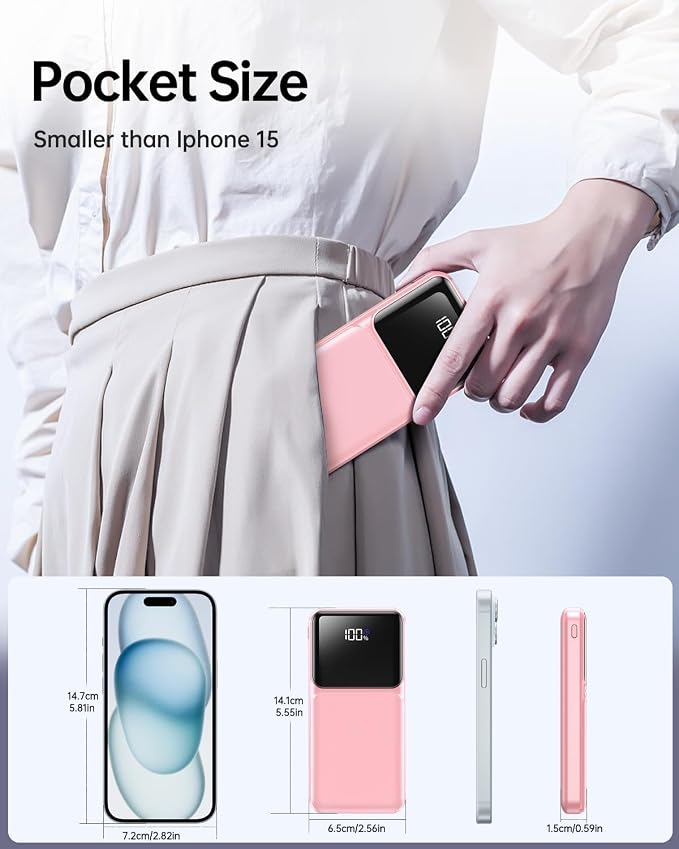 RONEGN Portable Charger with Built in Cable - Power Bank Fast Charging 22.5W USB C 10000mAh LED Display Travel Battery Pack 5 Outputs & 3 Inputs for iPhone Samsung Android iPad Phones Tablets etc