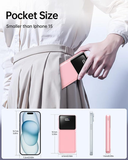 RONEGN Portable Charger with Built in Cable - Power Bank Fast Charging 22.5W USB C 10000mAh LED Display Travel Battery Pack 5 Outputs & 3 Inputs for iPhone Samsung Android iPad Phones Tablets etc