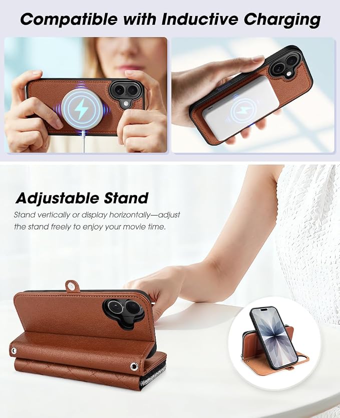 OCASE for iPhone 17 Crossbody Detachable Wallet Case, PU Leather Handbag Phone Purse with Zipper Closure, Card Slots & RFID Blocking, Wrist Strap, Lanyard, Kickstand, Diamond Check Brown