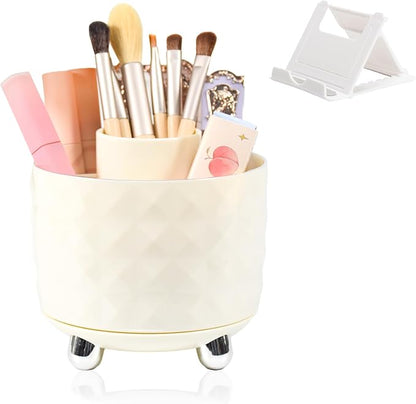 SAYEEC Pen Holder for Desk 6 Slots Rotating Makeup Brush Organizer Toothbrush Hair Brush Holder Versatile Desk Skin Care Cosmetic Organizer Pencil Cup Pot Art Supply Caddy for Vanity Office (Cream)