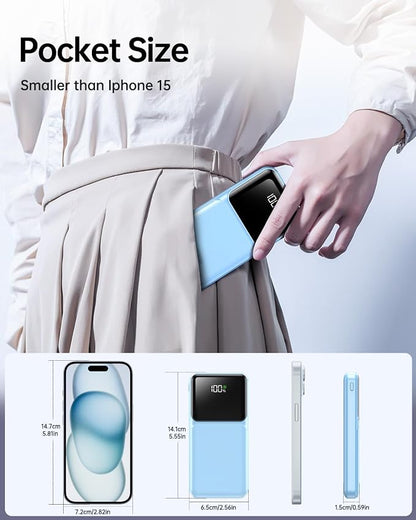 RONEGN Portable Charger with Built in Cable -20000mAh Fast Charging Power Bank USB C Slim 22.5W LED Display Battery Pack 5 Outputs & 3 Inputs for Travel Essentials iPhone Samsung Phones Sky Blue