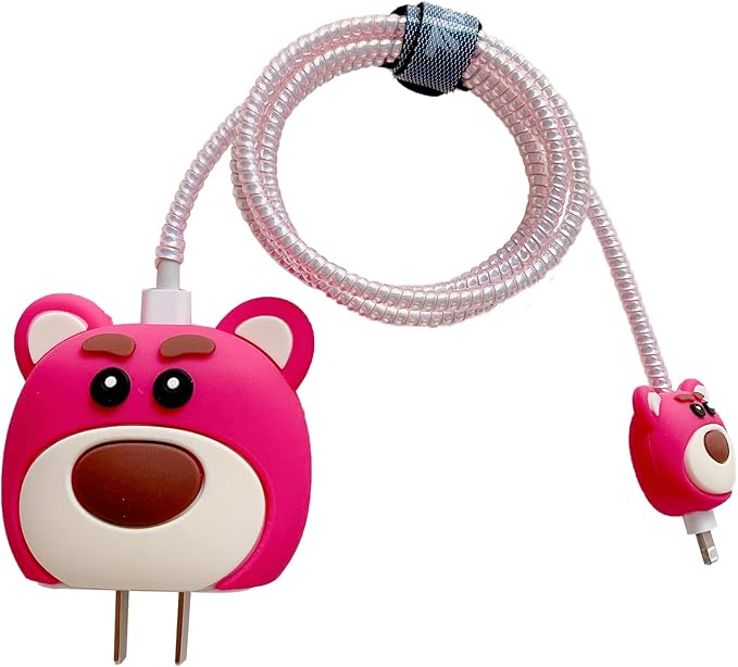 3D Cute Cartoon Charger Protector Case - Compatible for Apple 20W USB-C Power Adapter and Lightning Cable (Pink 02)