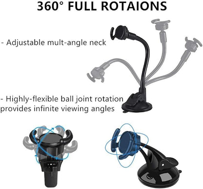 Universal Car Phone Mount[Dashboard/Windshield/Air Vent Cell Phone Holder 3in1][Strong Suction Cup][Gift 2Pcs Collapsible Grip]