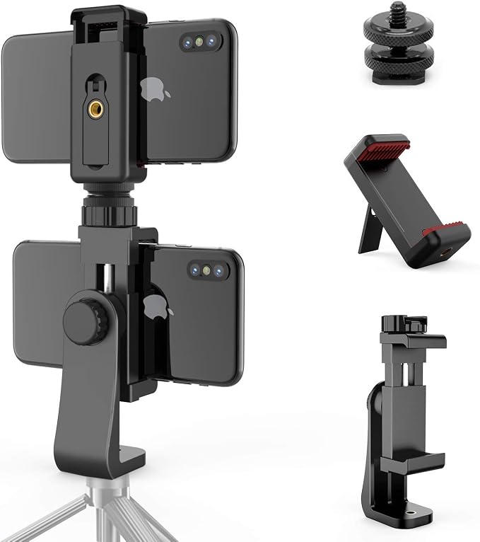 Owine Universal Dual Cell Phone Tripod Mount Adapter Premium Smartphone Clamp, Compatible with iPhone,Samsung Galaxy,Note,Lg,All Smartphones Perfectly.Connects to Tripod, Monopod, Selfie Stick