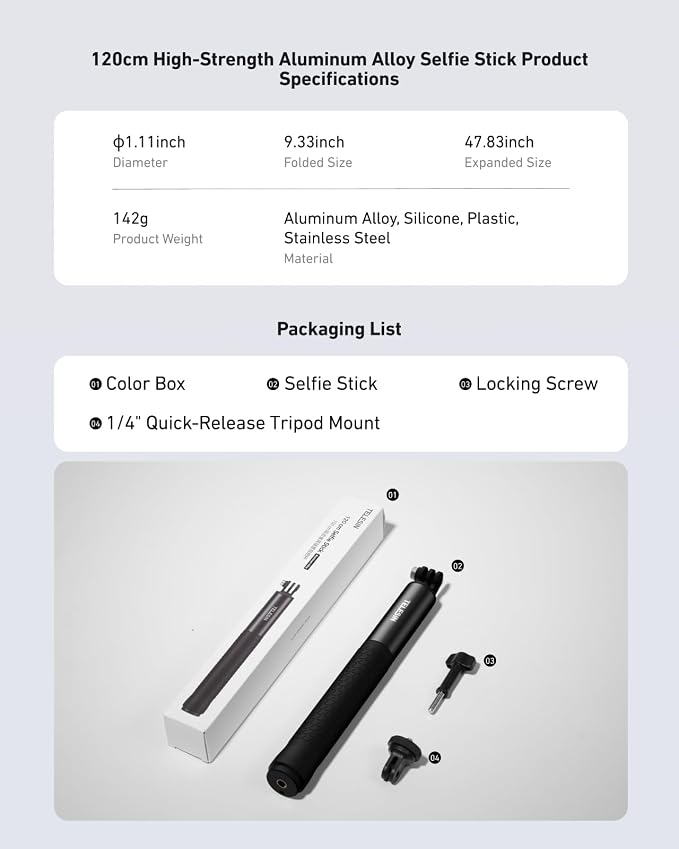 TELESIN 47" Extension Selfie Stick, Portable Handheld Invisible Monopod Pole for GoPro Hero 13 12 11 10 Insta360 X5/DJI Osmo 360/Action 6 5 4 Pocket/AKASO Vlog Selfie Stick, Action Camera Accessories