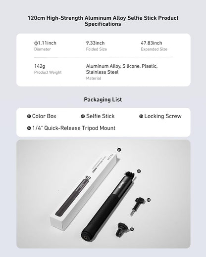 TELESIN 47" Extension Selfie Stick, Portable Handheld Invisible Monopod Pole for GoPro Hero 13 12 11 10 Insta360 X5/DJI Osmo 360/Action 6 5 4 Pocket/AKASO Vlog Selfie Stick, Action Camera Accessories