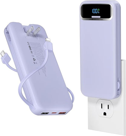 12000mAh Lightweight-Portable-Charger-Power-Bank with Built-in Cables and AC Wall Plug, PD20W USB-C Fast Charging Battery Pack, LED Display External Travel Phone Charger for All iPhone,Samsung,Android