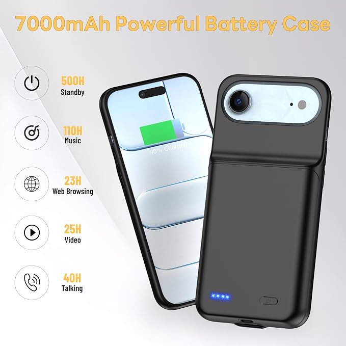 Battery Case for iPhone 17 AIR, Ultra-Slim 7000mAh Portable Extended Charging Charger Case Rechargeable Battery Pack with Tempered Glass Screen Protector for iPhone 17 AIR (6.5 inch)-Black