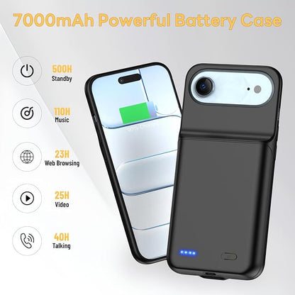 Battery Case for iPhone 17 AIR, Ultra-Slim 7000mAh Portable Extended Charging Charger Case Rechargeable Battery Pack with Tempered Glass Screen Protector for iPhone 17 AIR (6.5 inch)-Black