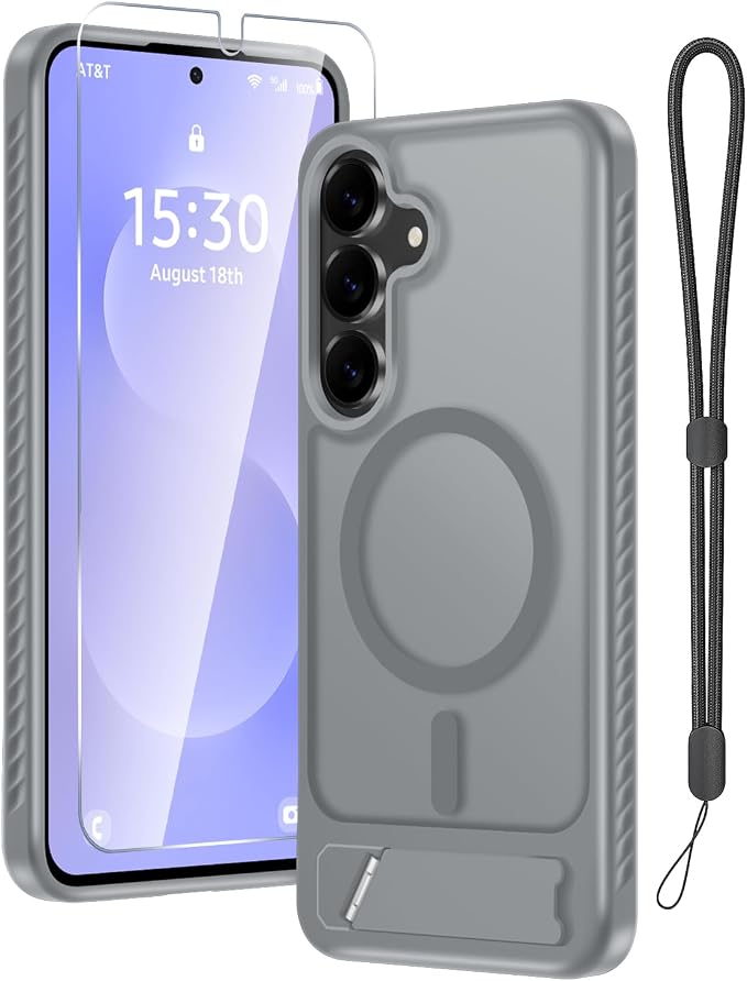 RMOCR for Samsung Galaxy S25 FE Case with Screen Protector+Lanyard Wrist Strap,Magnetic Translucent Matte Rugged Slim Phone Cover Built in Invisible Kickstand [Fit for MagSafe],2025 Grey