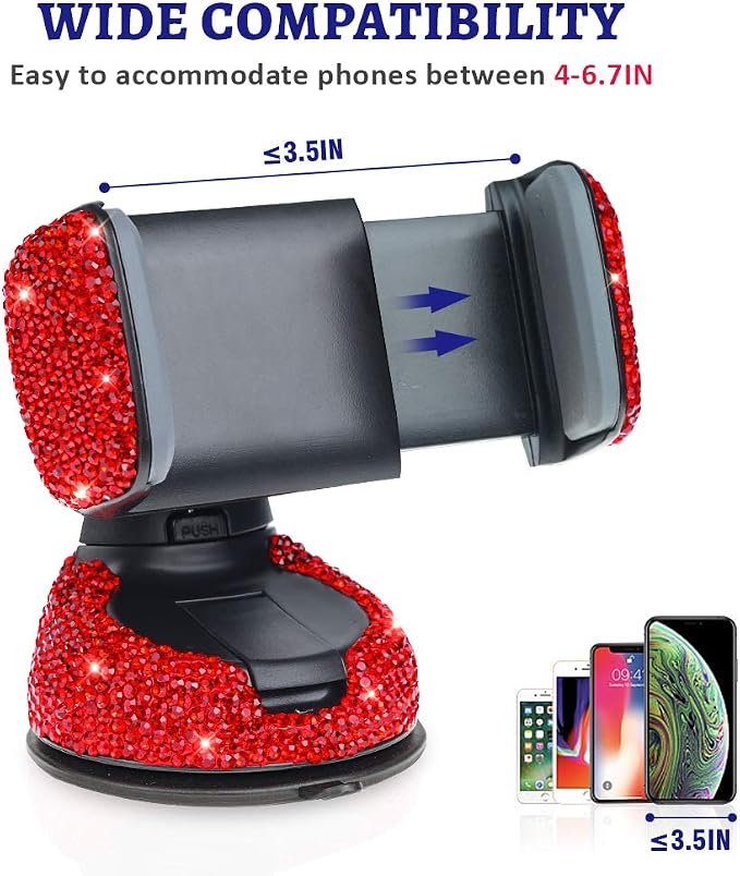 eing Car Phone Mount Bling Crystal Cell Phone Holder with One More Air Vent Base,Universal Universal Phone Car Air Vent Mount Holder Cradle for Dashboard,Windshield and Air Vent,Red
