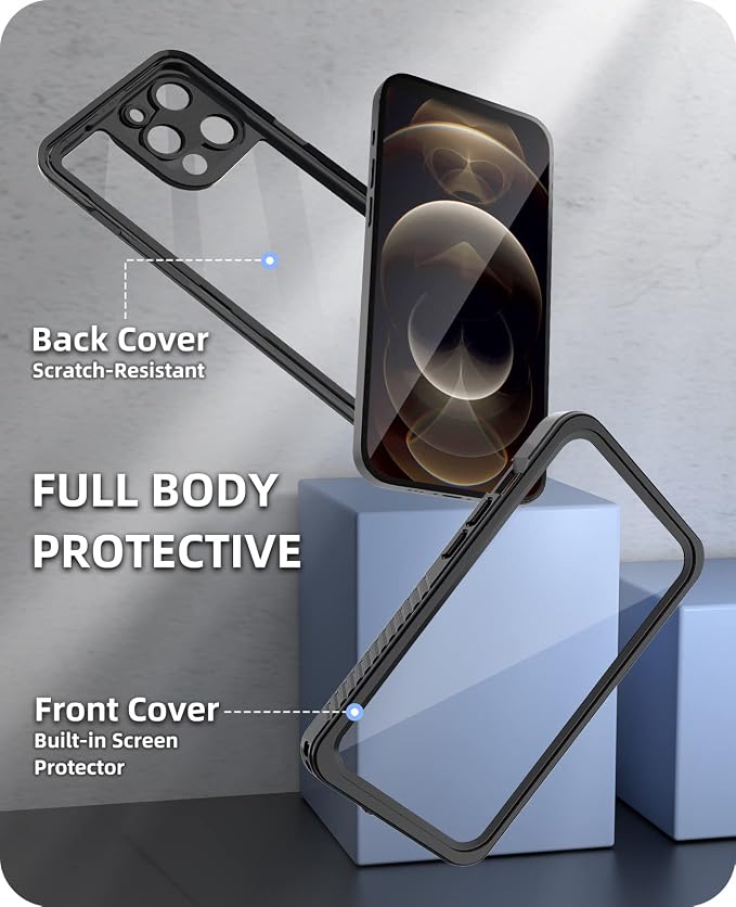 WIFORT for iPhone 12 Pro Waterproof Case - [Certified Water Proof & Military Protection] with [Built-in Screen Protector], Full Body Shockproof Phone Case Cover for iPhone 12 Pro 6.1" - Black