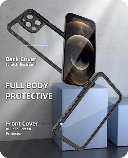 WIFORT for iPhone 12 Pro Waterproof Case - [Certified Water Proof & Military Protection] with [Built-in Screen Protector], Full Body Shockproof Phone Case Cover for iPhone 12 Pro 6.1" - Black