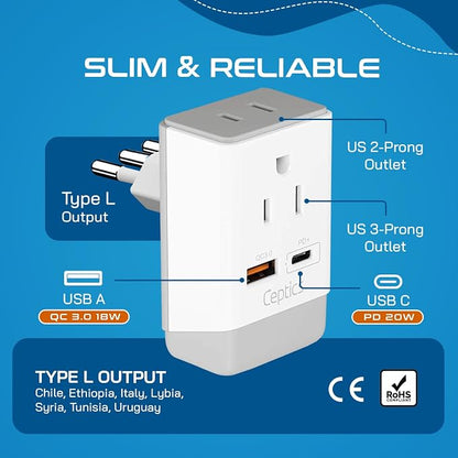 Ceptics Italy Travel Adapter, QC 3.0 & PD, Safe Dual USB & USB-C - 2 USA Socket Compact & Powerful - Use in Uruguay, Libya, Syria, Tunisia, Chile - Type L AP-12 - Fast Charging (AP-12A)