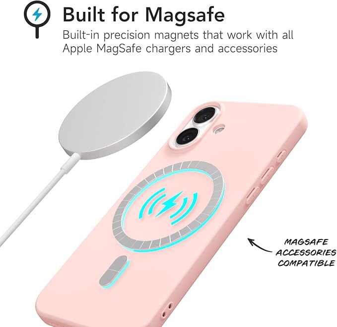 for iPhone 16 Case Silicone Compatible with Magsafe Case, Ultra Slim Thin Magnetic Phone Cases Mag Safe, Cute Soft Rubber Gel TPU Matte Plain Wireless Charging Cover for Women, Light Pink