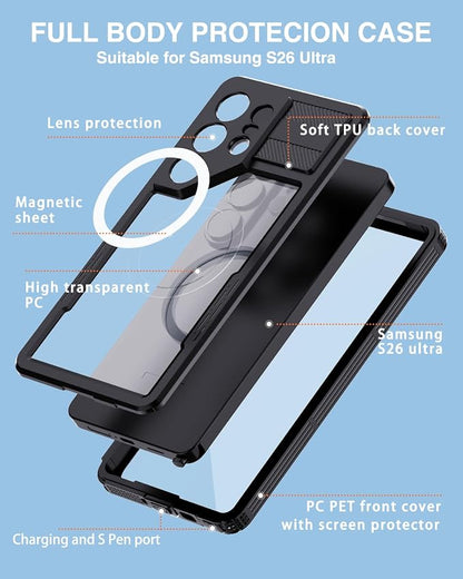 Designed for Samsung S26 Ultra Case Waterproof, Full-Body Protection Case with Built-in Privacy Screen and Cameras Protector, Military Shockproof and Dustproof Phone Cover for Samsung S26 Ultra Black