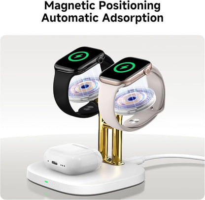 Dual Watch Charger with Fast Charging for Apple Watch, SwanScout 704A, 3-in-1 Wireless Charging Station Stand for Apple Watch Ultra 3/11/10, Wireless Charger Dock for AirPods Pro 3/4/3 (White & Gold)