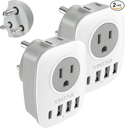 2 Pack US to India Plug Adapter, VINTAR Type D Travel Adapter with 1 USB C, 3 USB Ports and 2 American Outlets, 6 in 1 India Power Adapter for USA to India, Bangladesh, Maldives, Pakistan, Nepal