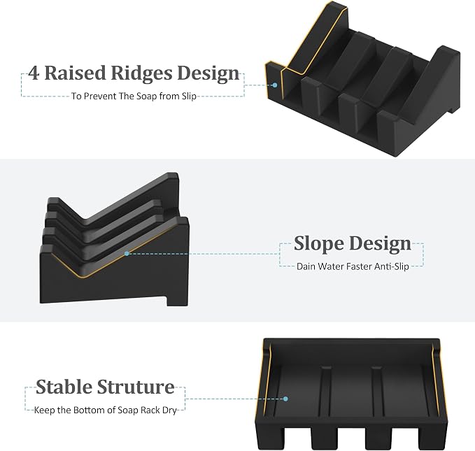 Silicone Soap Dish, 3-Piece Extended Self-Draining Shower Soap Holder, Black