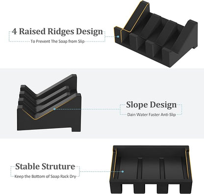 Silicone Soap Dish - 1 PCS Extended Self Draining Soap Holder for Shower, Bathroom and Bathtub with Drainage - Black