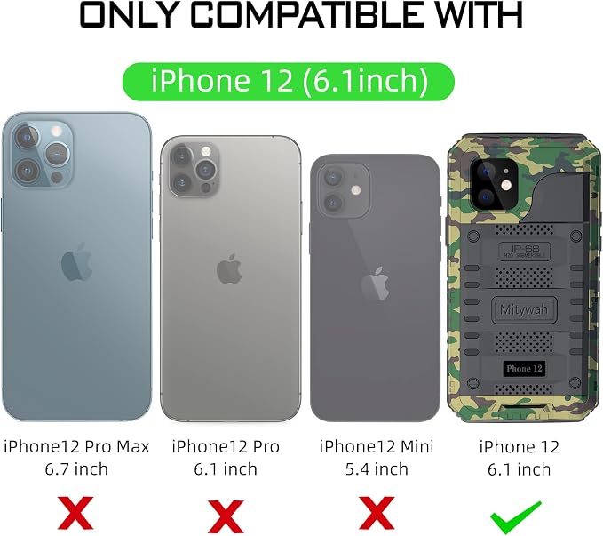 Mitywah Waterproof Case for iPhone 12, Heavy Duty Shockproof Case with Built-in Screen Protector, Full Body Underwater Protective Metal Case 6.1 inch, Camouflage