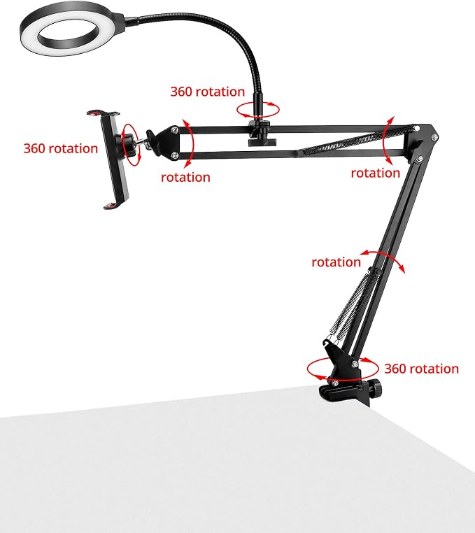 QWORK Overhead Camera Mount, Phone Mount with Ring Light, Flexible Articulating Phone Arm Stand, Phone Holder Stand, Phones Mount Clamp on Desk, for Live Stream, Video Recording and Online Teaching