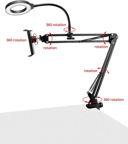QWORK Overhead Camera Mount, Phone Mount with Ring Light, Flexible Articulating Phone Arm Stand, Phone Holder Stand, Phones Mount Clamp on Desk, for Live Stream, Video Recording and Online Teaching